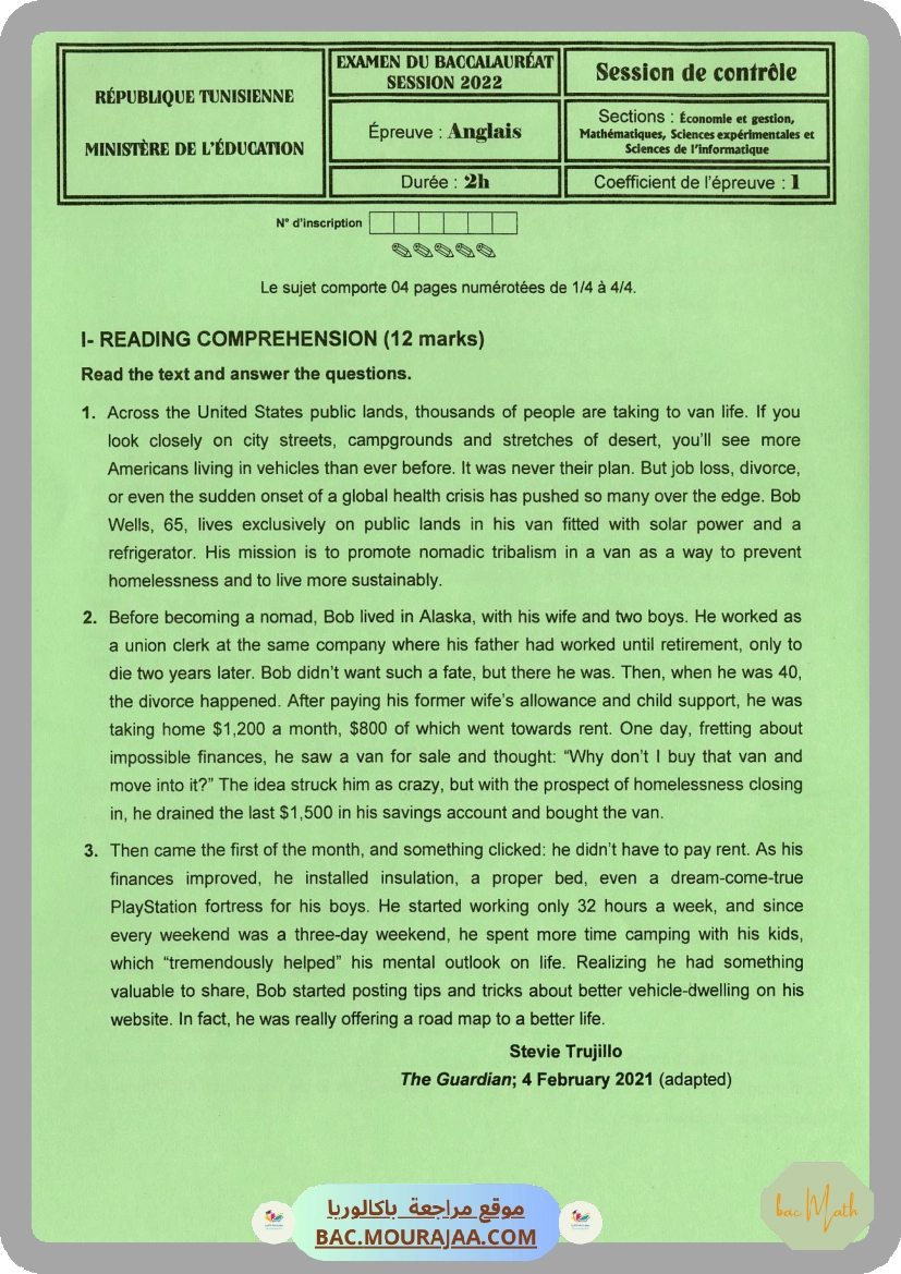 Sujet controle anglais Bac 2022 – Section math